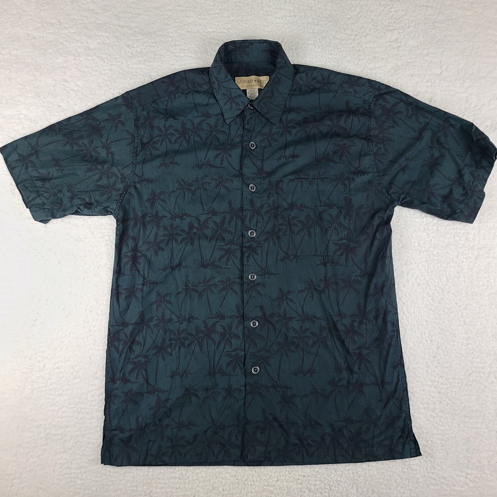 Johari West Dress Shirt Mens Medium Dark Green‎ Tree Cotton Hawaiian Button Up